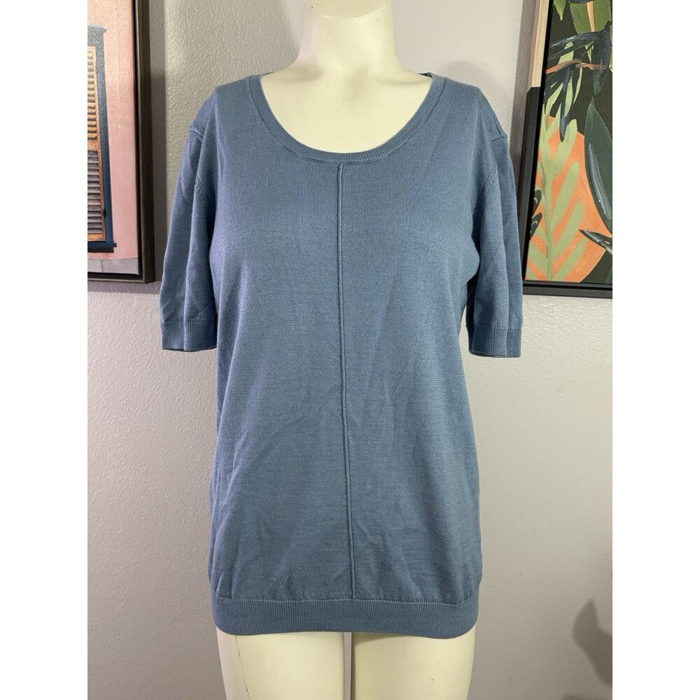 Cartier Uniformes Wool Silk Knit Top Large Blue Short Sleeve Sweater